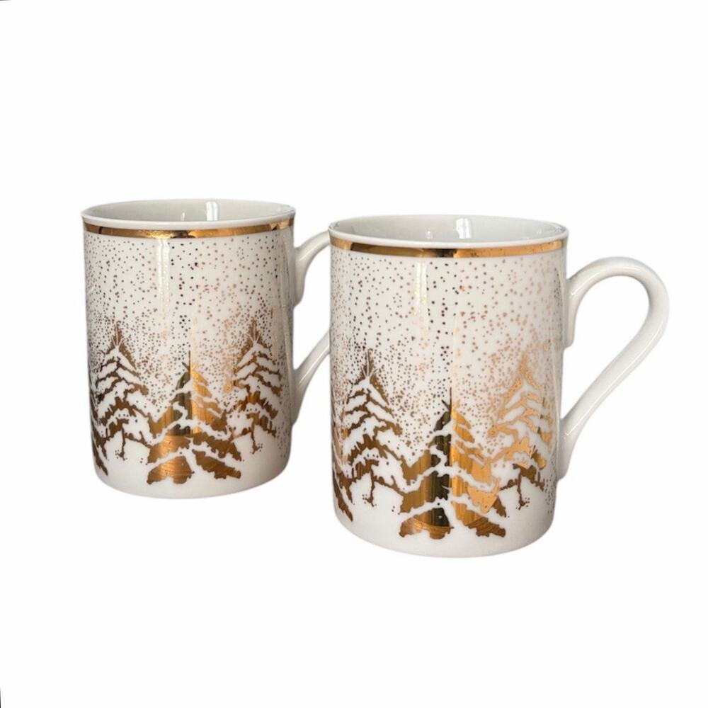 DANSK Set of 2 Gold Evergreen Tree Snow Mugs